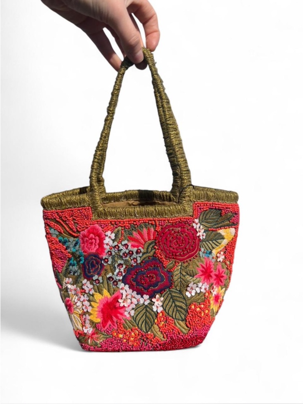stunning Zara green Floral Beaded Tote Bag with drawstring bag closure
